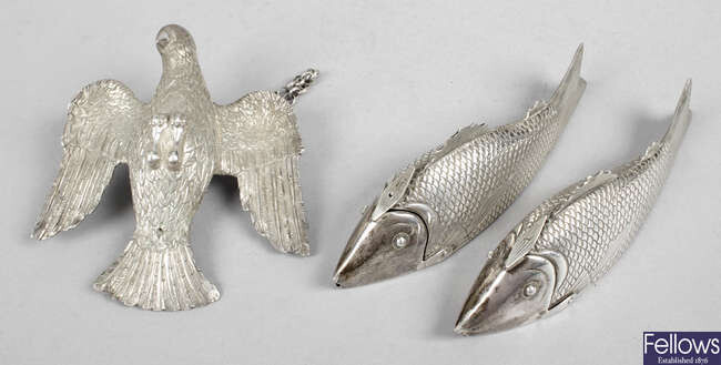 A selection of novelty items to include a pair of boxes modelled as fish, a bird on suspension chain, etc. (6).