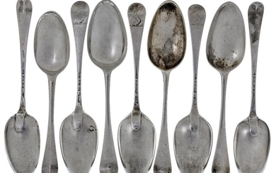 A set of six George II Hanoverian pattern silver tablespoons, London, 1748, William Turner, with extended drop to reverse of bowls and matching crests to reverse of terminals, 20.4cm long, together with two further 18th century table spoons of...