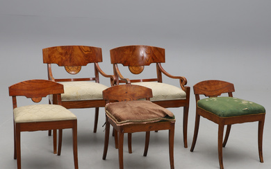 A set of two armchairs and 3 Biedermeier stools, circa mid 19th century.