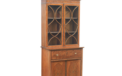 A small Edwardian satinwood crossbanded and marquetry secretaire cabinet