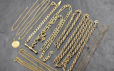 A small selection of broken yellow metal chains, most marked 375/585 and a small 9ct gold St