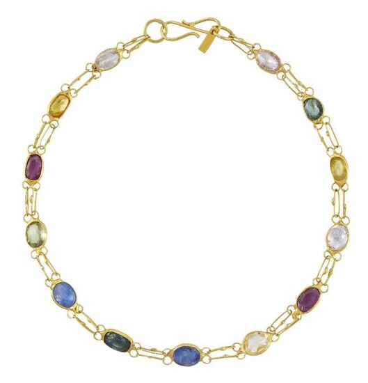 A vari-coloured sapphire bracelet, composed of various...