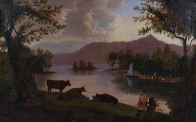 AMERICAN SCHOOL, 19TH CENTURY, LANDSCAPE WITH CATTLE IN THE FOREGROUND, Oil on canvas, 29 x 46 in. (73.7 x 116.8 cm.), Frame: 34 x 51 in. (86.4 x 129.5 cm.)