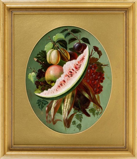 AMERICAN SCHOOL, 19th Century, Still life of watermelon and other fruit., Oil on canvas, 19" x 15" sight. Framed 28" x 24".