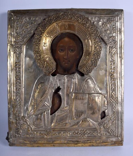 AN ANTIQUE CONTINENTAL SILVER PAINTED WOOD ICON