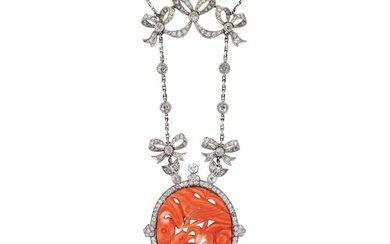 AN ANTIQUE CORAL AND DIAMOND PENDANT NECKLACE, EARLY 20TH CENTURY in platinum, the pendant design...