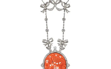 AN ANTIQUE CORAL AND DIAMOND PENDANT NECKLACE, EAR ...