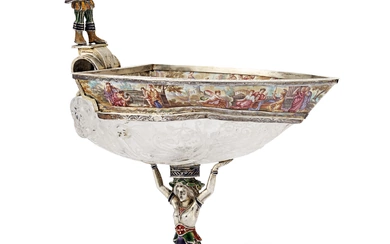 AN AUSTRIAN SILVER, ENAMEL, BAROQUE PEARL AND ROCK CRYSTAL COUPE MARK OF KARL BENDER, VIENNA, CIRCA 1880