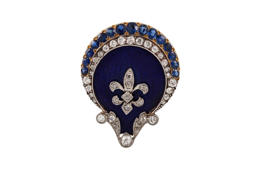 AN ENAMEL, SAPPHIRE AND DIAMOND BROOCH, mounted in 14ct gold...