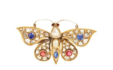 ANTIQUE, DIAMOND, PEARL, AND GLASS BUTTERFLY BROOCH