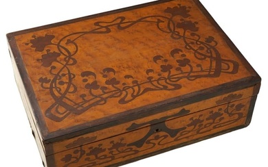 ANTIQUE WOODEN MARQUETRY ART NOUVEAU JEWELRY BOX