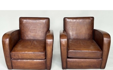 ARMCHAIRS, a pair, Art Deco style brown leather upholstered ...