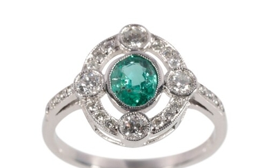 ART DECO EMERALD AND DIAMOND RING the oval-cut emerald c.0.4...
