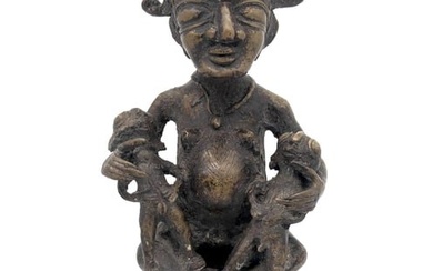 African Seated Female Figure with 2 Children, Brass