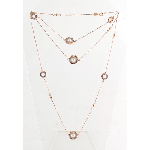 An 18ct rose gold diamond & pearl necklace, with beaded circ...