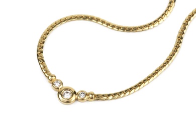 An 18k yellow gold and diamond set necklace, the woven...