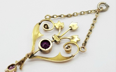 An Antique 9K Yellow Gold Amethyst and Seed Pearl...