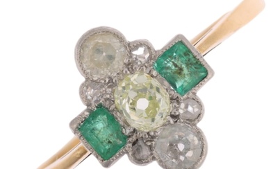 An Art Deco 18ct gold emerald and diamond cluster panel ring...