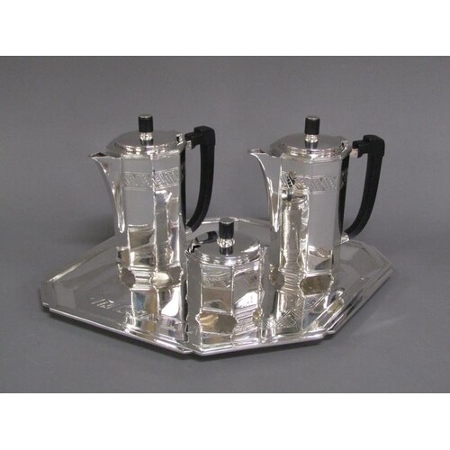 An Art Deco style silver four piece coffee service comprisin...