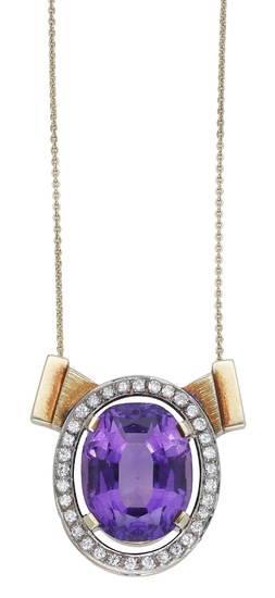 An amethyst and diamond necklace, the oval mixed-cut amethyst set within a...
