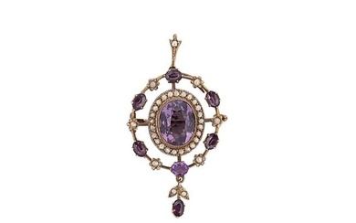 An early 20th century amethyst and split pearl pendant/brooch