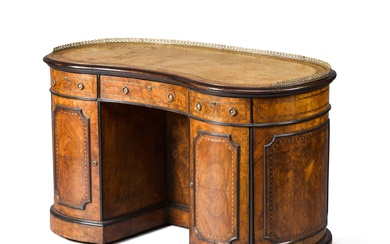 An early-Victorian burr walnut and chequer-banded kidney-form desk, mid-19th century