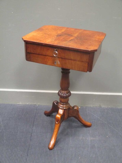 An early Victorian mahogany work table the canted corner top with two drawers and keys (one