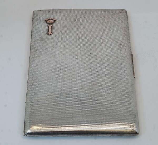 An engine-turned cigarette case, the interior stamped 925, makers mark EB, and with presentation signature and date Dec 28 54, the engine turned exterior with applied crown and sceptre, 13.7cm wide, 9.4cm deep, weight approx. 6.2oz