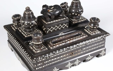 Anglo Indian Antique Ebony and Bone Inlaid Inkstand, 19th Century