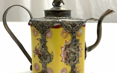 Antique Asian Porc Teapot W Metal Ornamentation Lid