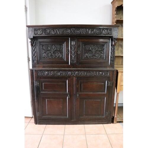 Antique English 18th century carved oak court cupboard, appr...