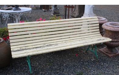 Antique French yellow painted wooden slat garden bench with ...