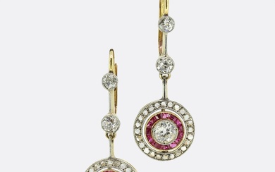 Art Deco Ruby and Diamond Target Drop Earrings