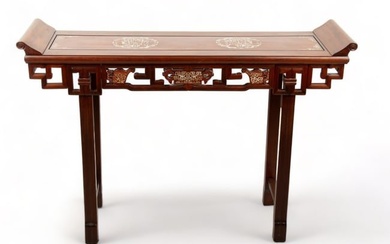 Asian Carved Rosewood Mother of Pearl Inlaid Altar Table, H 34" W 50" Depth 15"