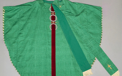 BROCADE SILK CHASUBLE, WITH VELVET STRAPS AND TRIMMINGS.