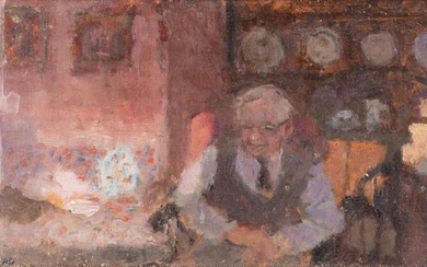 Bernard Dunstan RA, British 1928-2017 - George Sweet at Home, 1990; oil on board, signed with initials lower left 'BD' and inscribed with title and date on the reverse, 16.2 x 28.5 cm (ARR) Provenance: with Agnew's, London, no.3767 (according to...