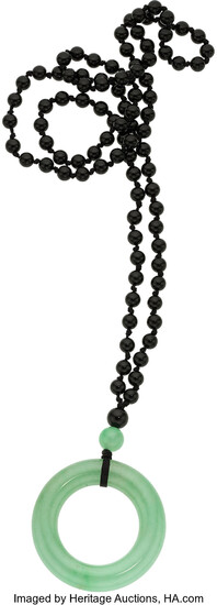 Black Onyx, Jadeite Jade, Silk Necklace The necklace features...
