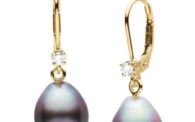 Black Tahitian Drop-Shaped Pearl and Diamond Leverback Dangle Earrings