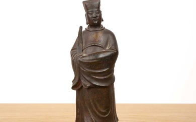 Bronze standing guardian figure on a wood stand Chinese, late...