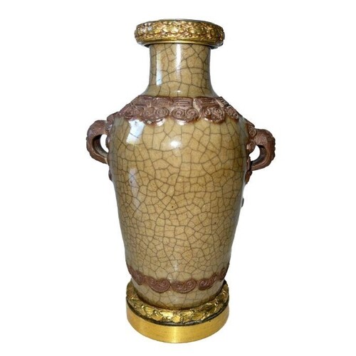 CHINESE CRACKLE VASE QING PERIOD ON FRENCH ORMOLU GILT BRONZ...
