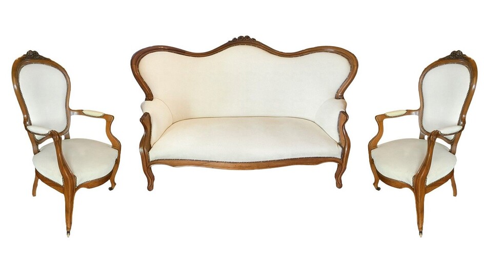 Canapé et deux fauteuils Luigi Filippo Oreiller en cuir Première fleur, couleur beige clair