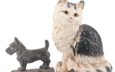Cast Iron Cat Figurine and Cat Head Ashtray with Metal Scottie Doorstop