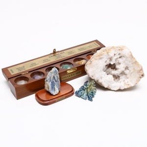 Chakra Set and Other Minerals Including Calcite Geode, Blue Kyanite, and Bismuth