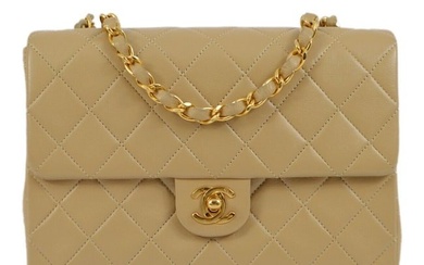 Chanel Beige Lambskin Classic Square Flap Shoulder Bag 20