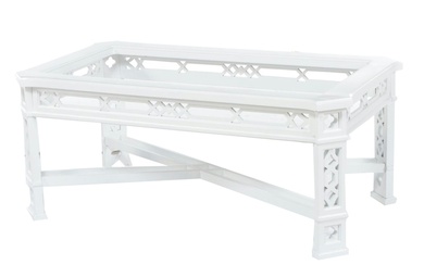 Chinese Chippendale Style White Painted Wood Glass Top Coffee Table