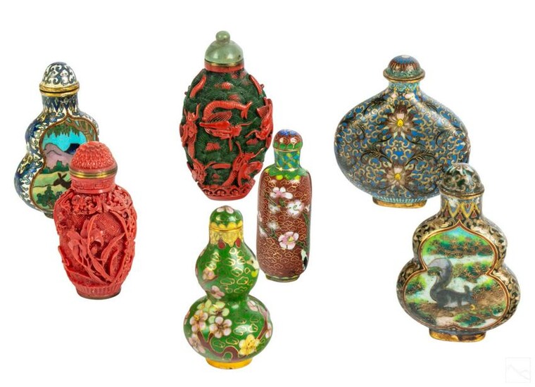 Chinese Cloisonne and Cinnabar Snuff Bottles Group