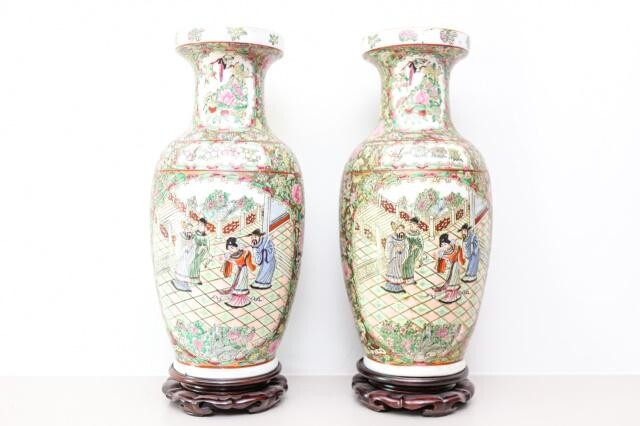 Chinese Hand Painted Famille Rose Vases on Stands
