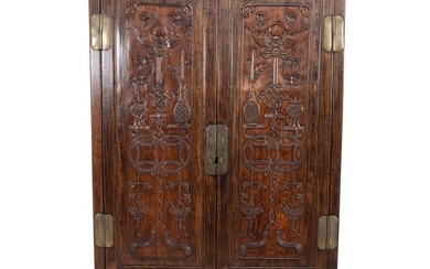 Chinese Huanghuali and Mix Wood Carved Two-Door Cabinet