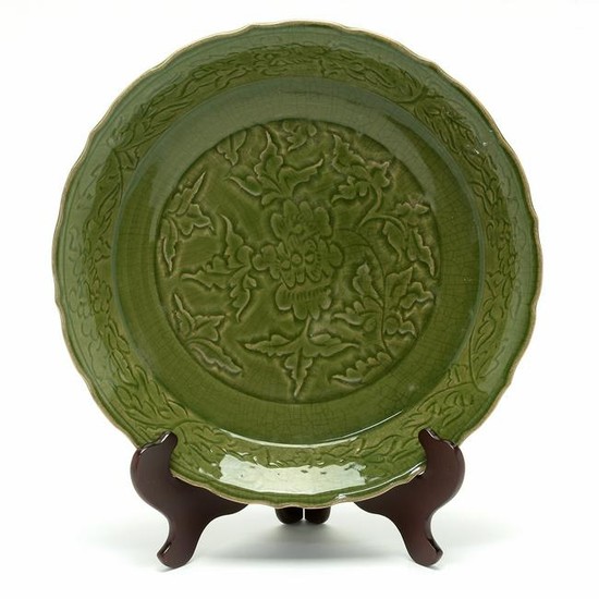 Chinese Large Longquan Celadon Moulded Peony Charger.