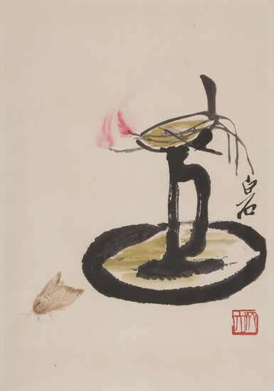 Chinese Woodblock Print, After Qi Baishi, Cicada and Oil Lamp FR3SHLM